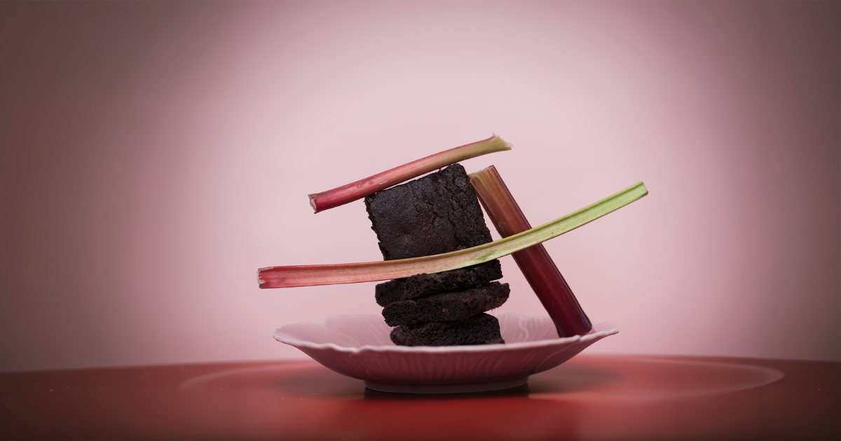 BAK chocolate brownies arranged with rhubarb