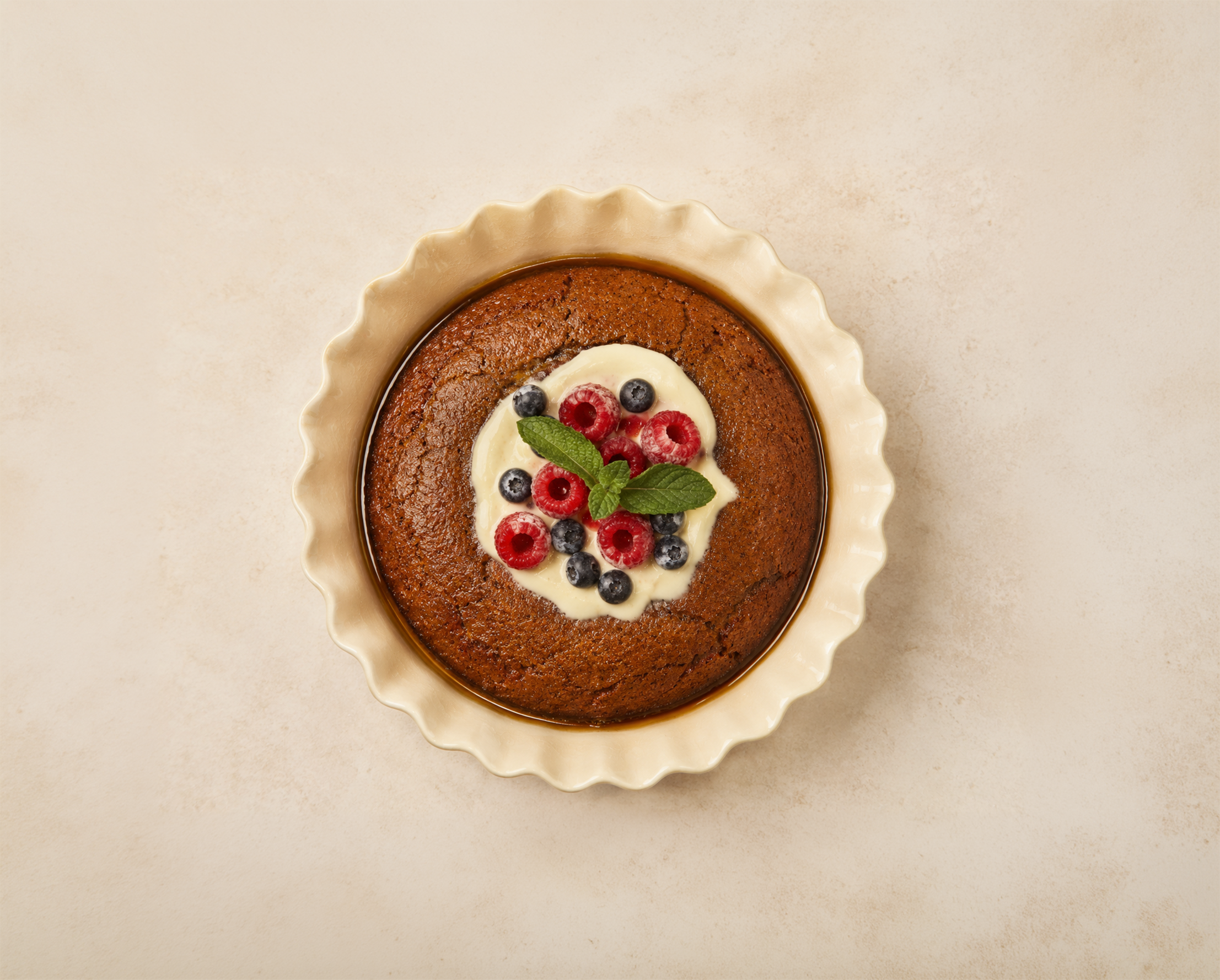 Caramel pudding topped with cream and fresh berries