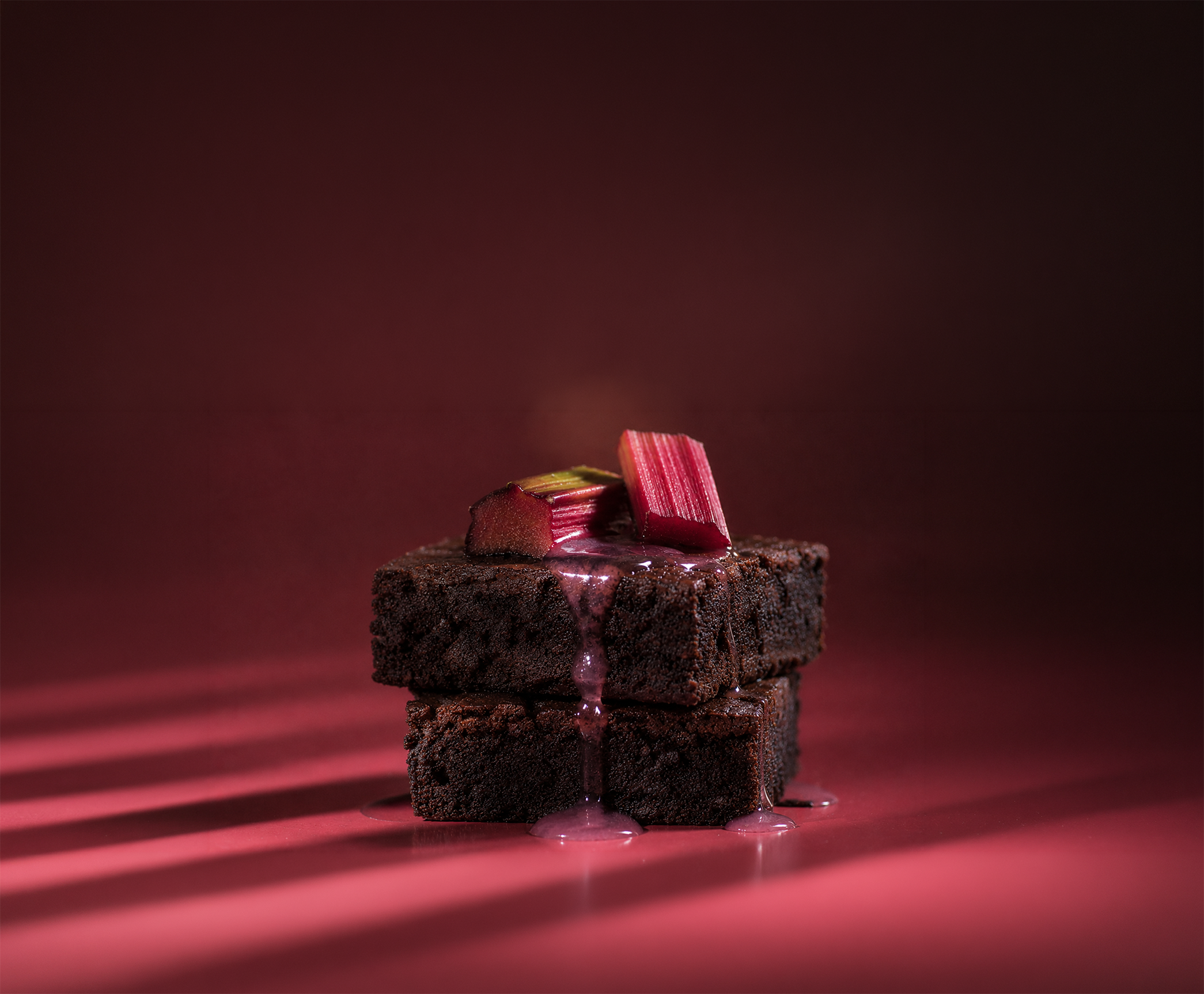 Stacked chocolate brownies with rhubarb