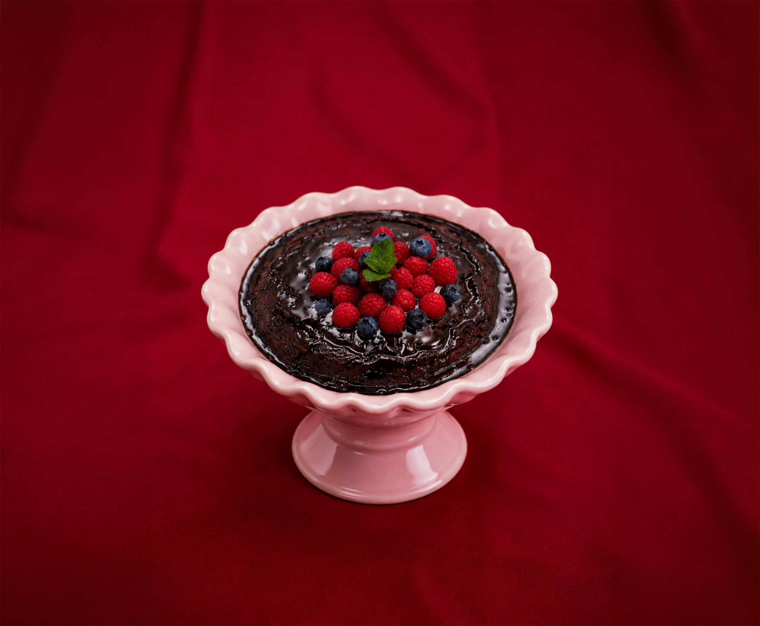 Chocolate pudding with berries on a pedestal