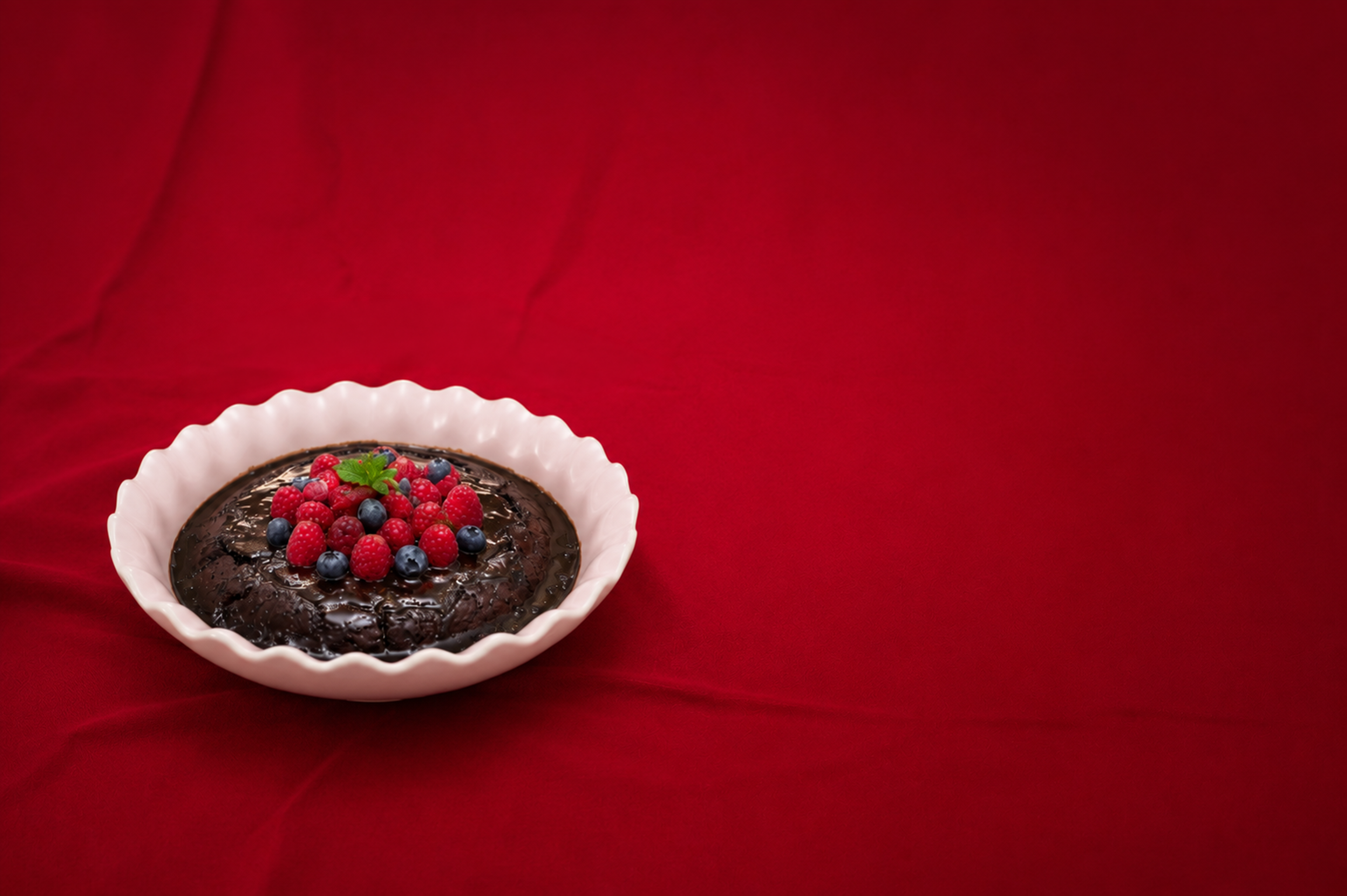 BAK chocolate pudding topped with raspberries and blueberries