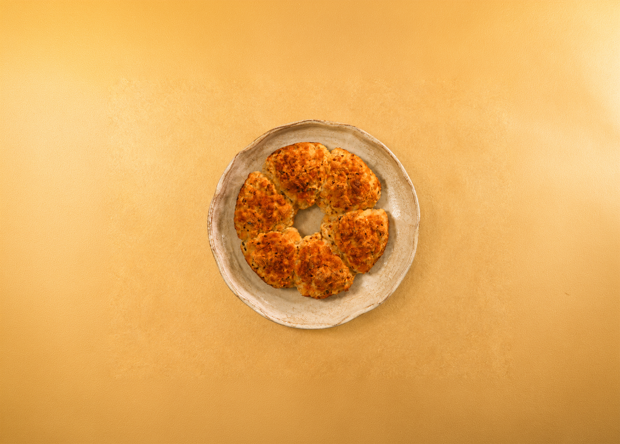 Overhead view of a savoury pull-apart bake