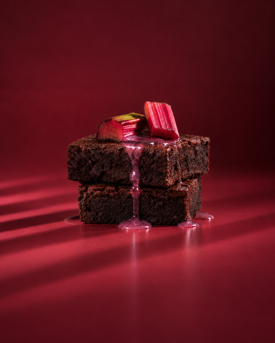 Stacked chocolate brownies with rhubarb